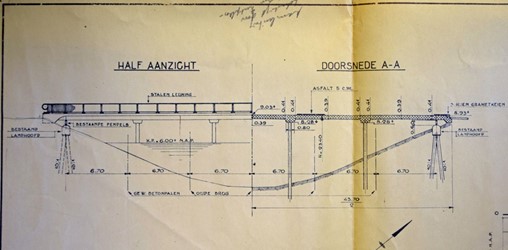 <p>Op 26 april 1947 wordt de nieuwe Canadezenbrug in gebruik genomen. Ontwerp van de brug, zijaanzicht en doorsnede (Regionaal Archief Zutphen).  </p>
